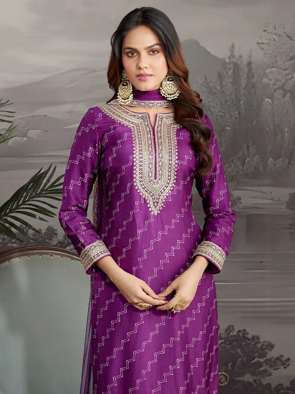 Dark purple printed silk salwar suit