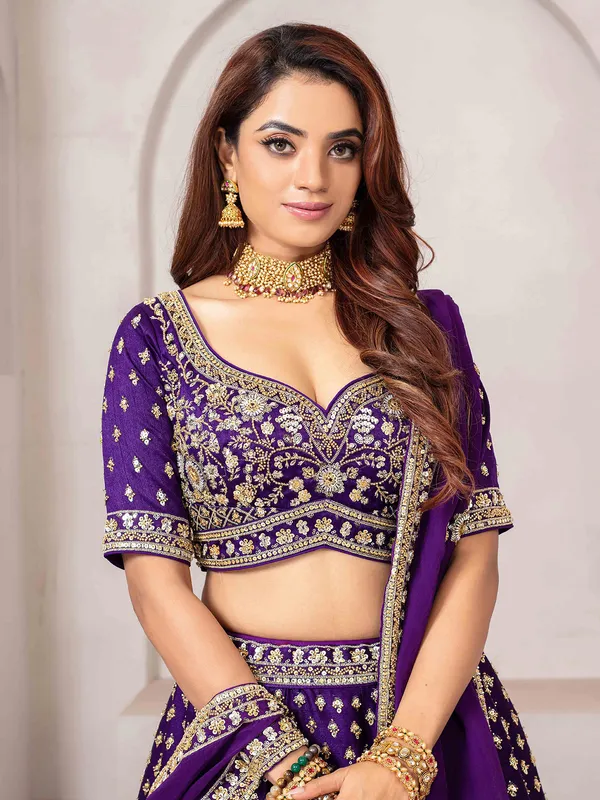 Dark purple raw silk partywear lehenga choli