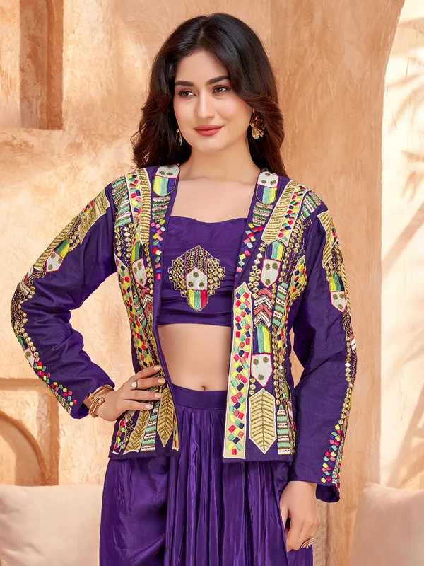 Dark purple satin silk designer indowestern suit