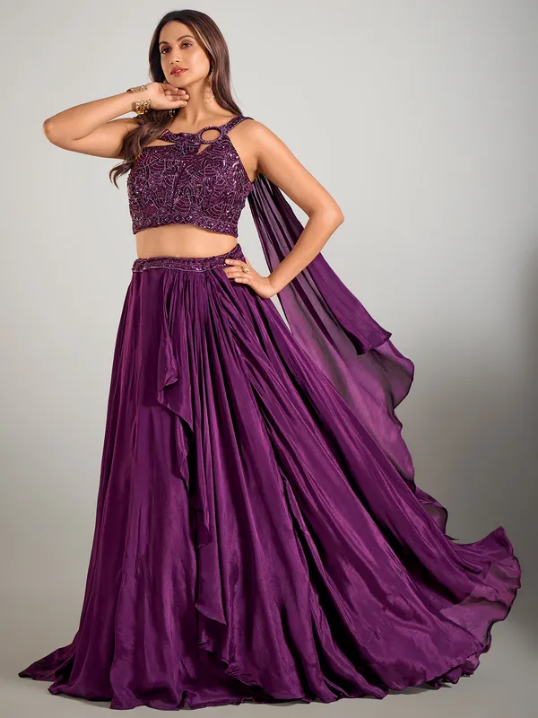 Dark purple satin silk lehenga choli