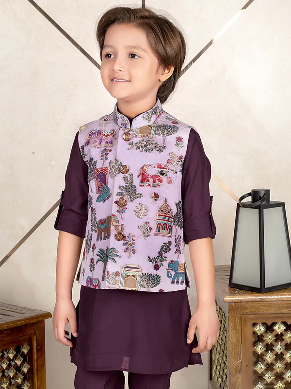 Dark purple silk festive wear printed waistcoat set for boys