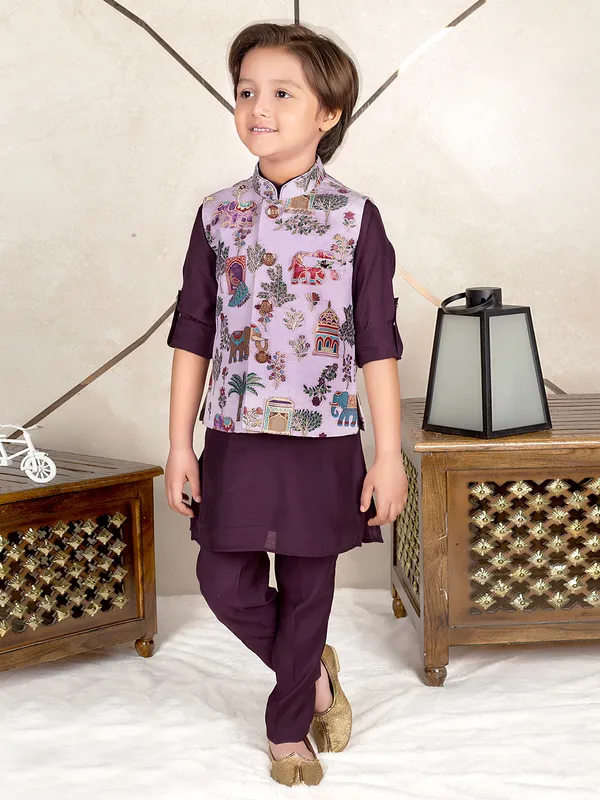Dark purple silk festive wear printed waistcoat set for boys