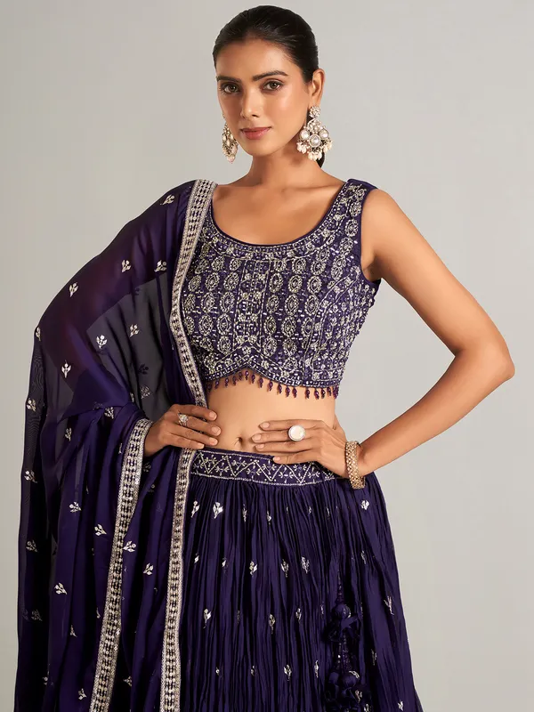 Dark purple silk lahenga choli for reception wear