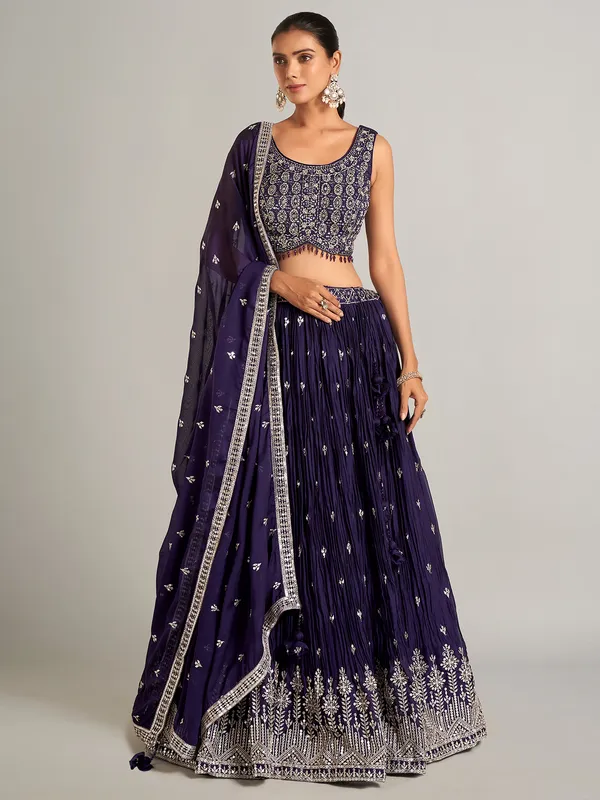 Dark purple silk lahenga choli for reception wear