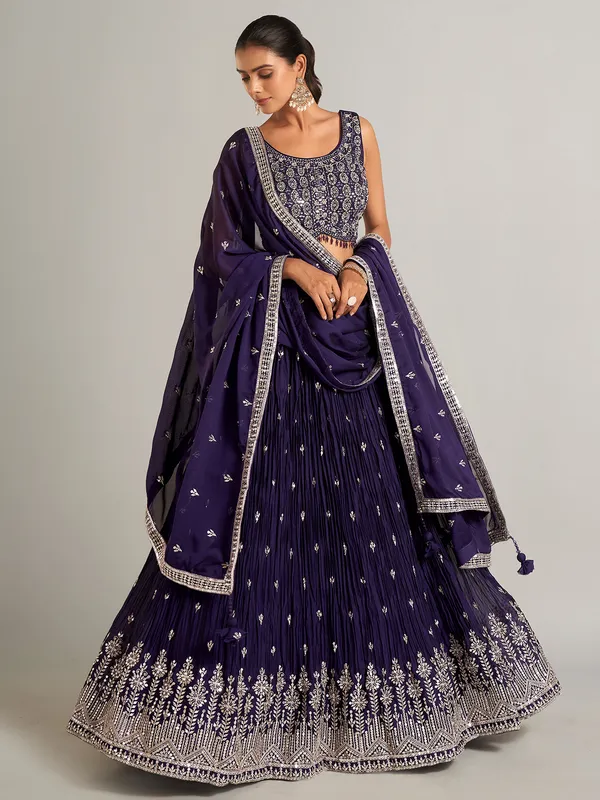 Dark purple silk lahenga choli for reception wear