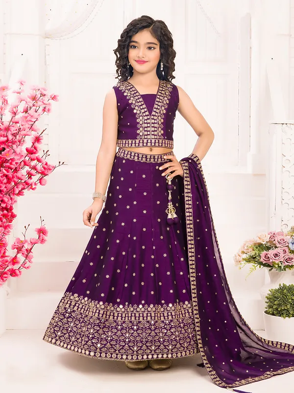 Dark purple silk lehenga choli with sequins and resham