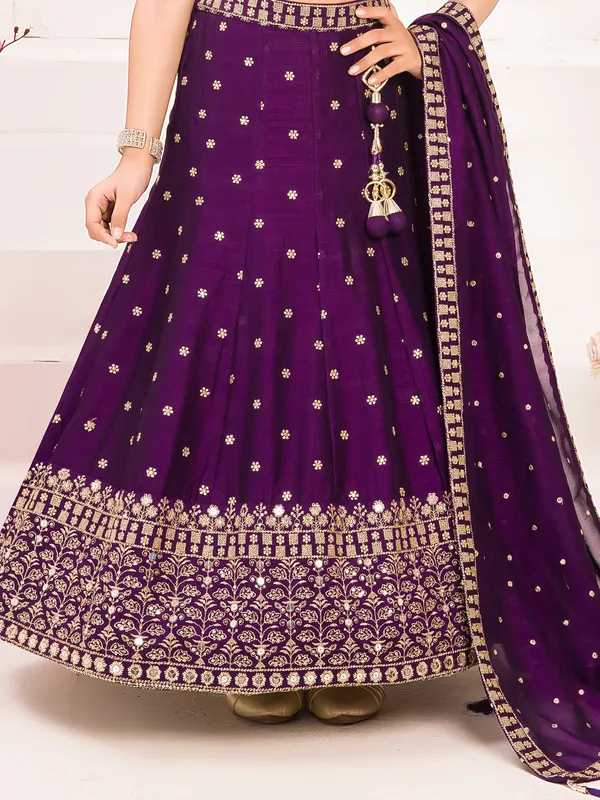 Dark purple silk lehenga choli with sequins and resham