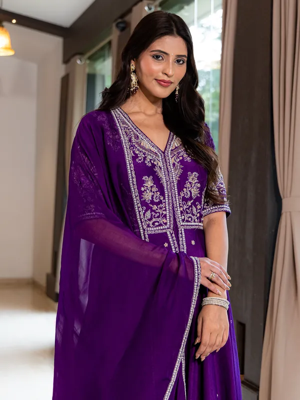 Dark purple silk palazzo suit with dupatta