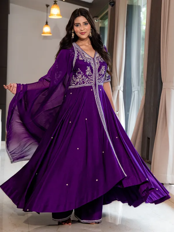Dark purple silk palazzo suit with dupatta
