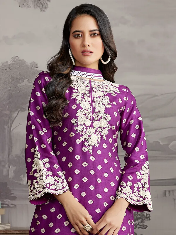 Dark purple silk printed salwar suit