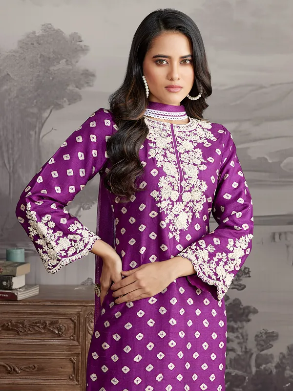 Dark purple silk printed salwar suit
