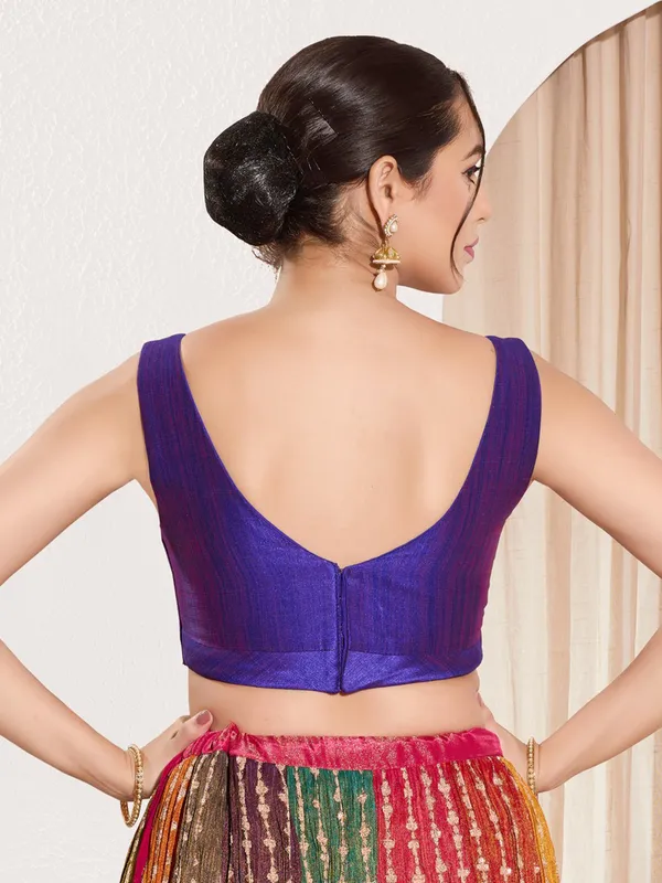 Dark purple silk ready made blouse in U neck