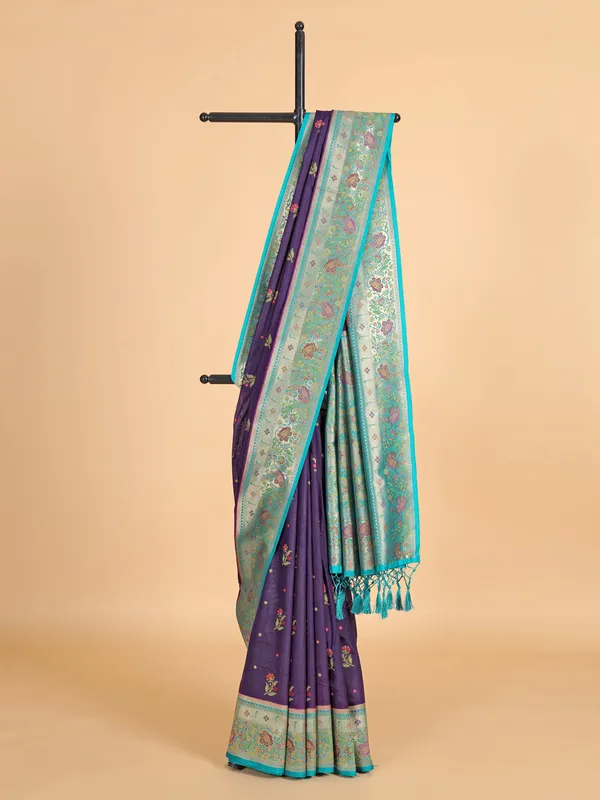 Dark purple silk saree with aqua border