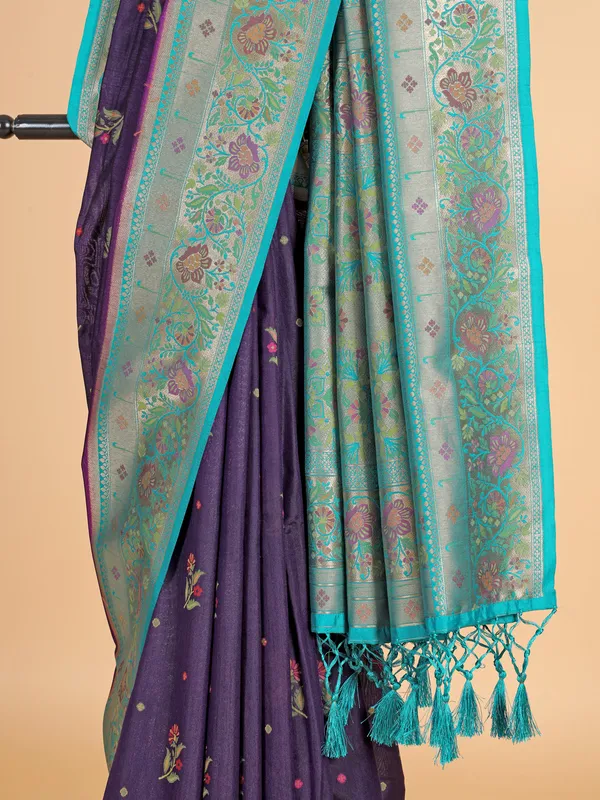 Dark purple silk saree with aqua border