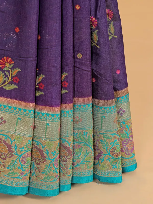 Dark purple silk saree with aqua border
