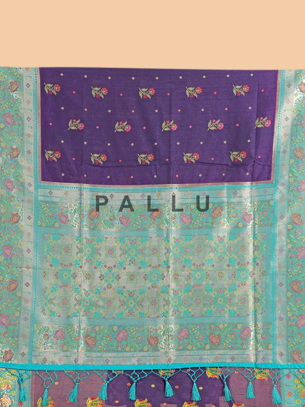 Dark purple silk saree with aqua border