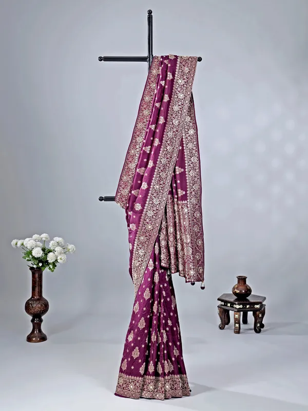 Dark purple silk saree with grand zari weaving