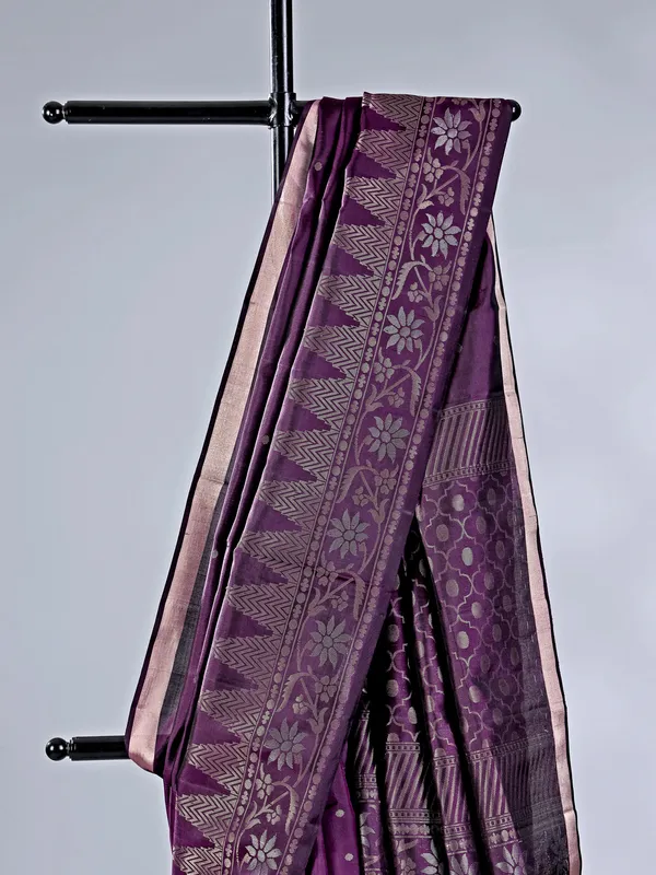 Dark purple silk saree with zari woven detailing