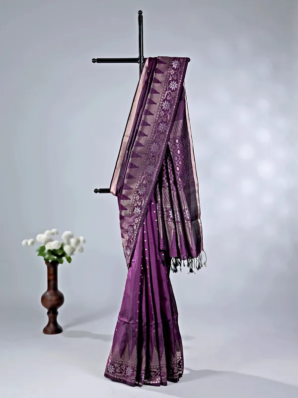 Dark purple silk saree with zari woven detailing