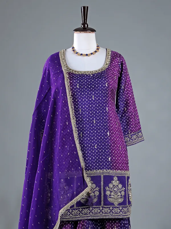 Dark purple silk sharara suit in printed