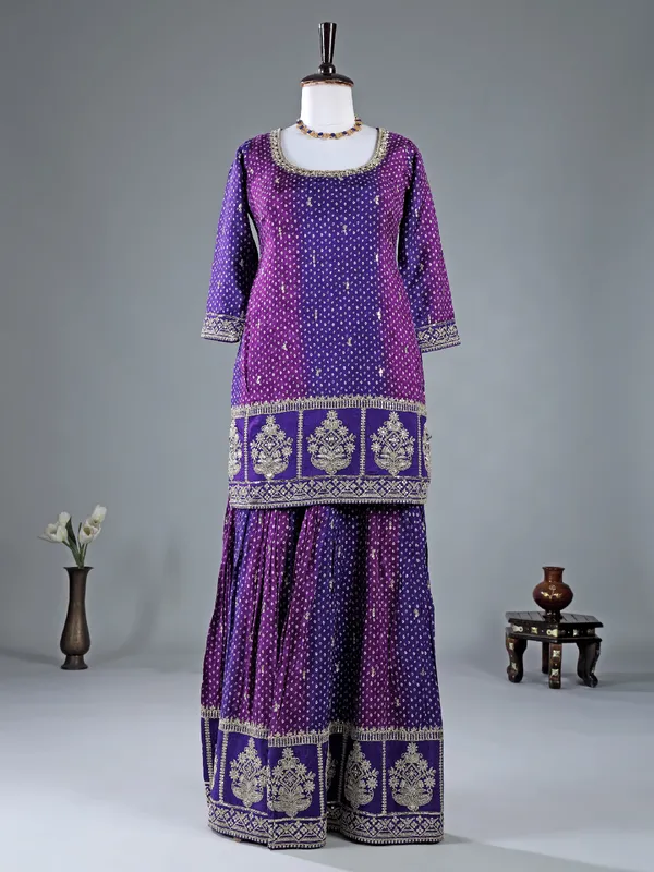 Dark purple silk sharara suit in printed
