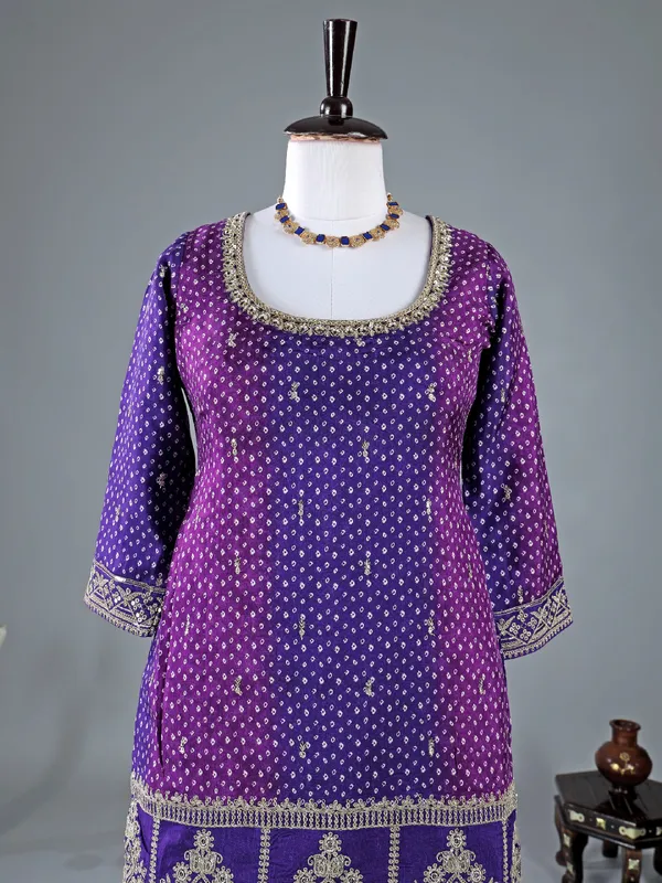 Dark purple silk sharara suit in printed