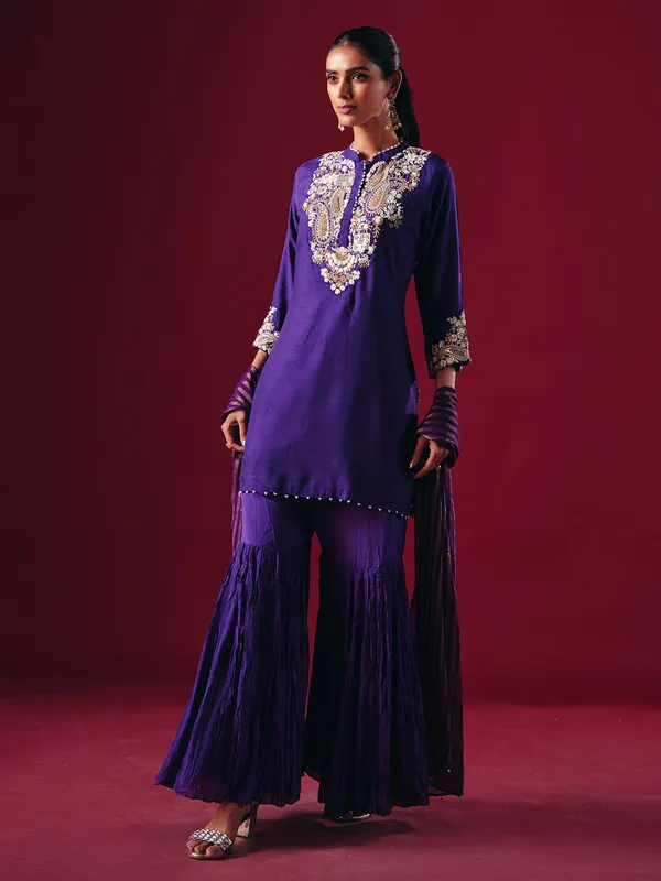 Dark purple silk stand collar sharara suit