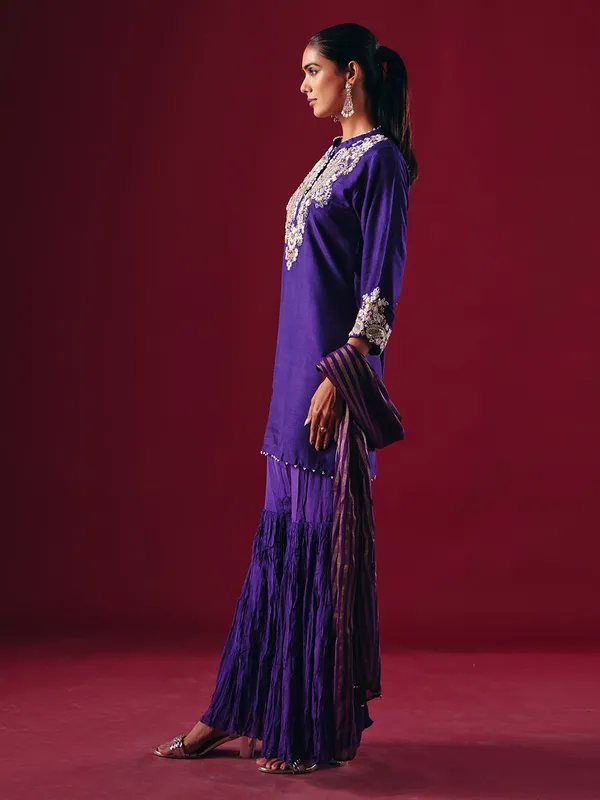Dark purple silk stand collar sharara suit
