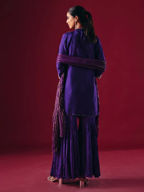 Dark purple silk stand collar sharara suit
