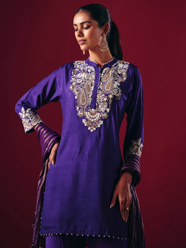 Dark purple silk stand collar sharara suit