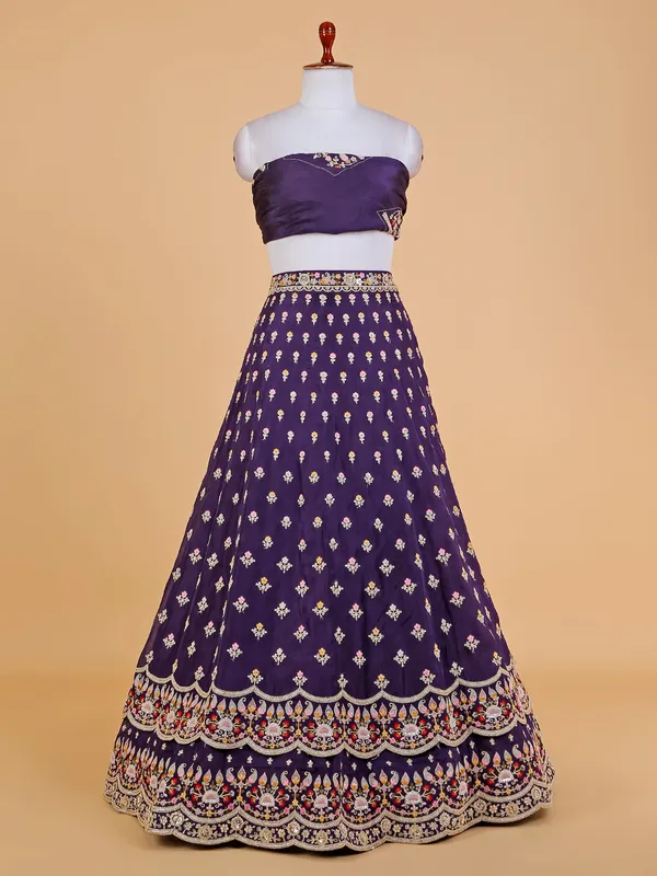 Dark purple silk unstitched lehenga choli