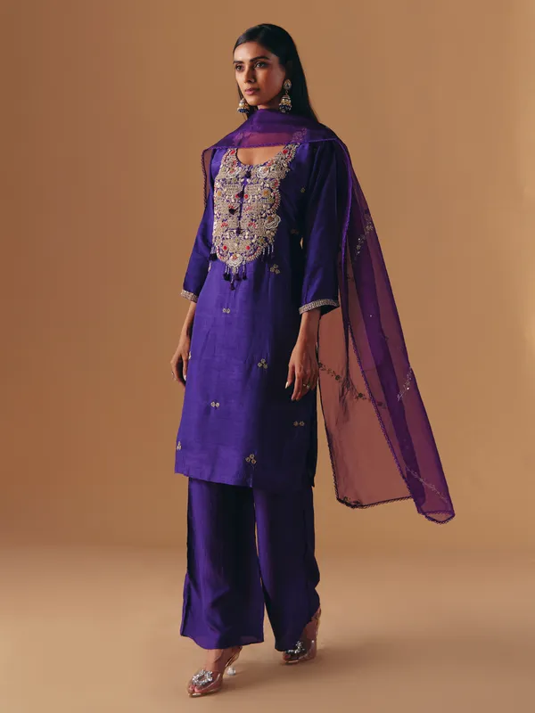 Dark purple silk zardosi palazzo suit