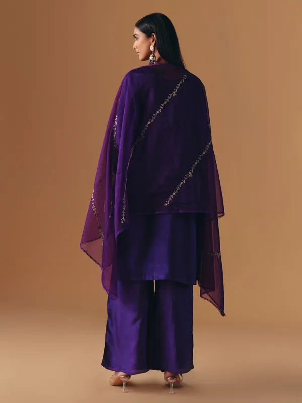 Dark purple silk zardosi palazzo suit