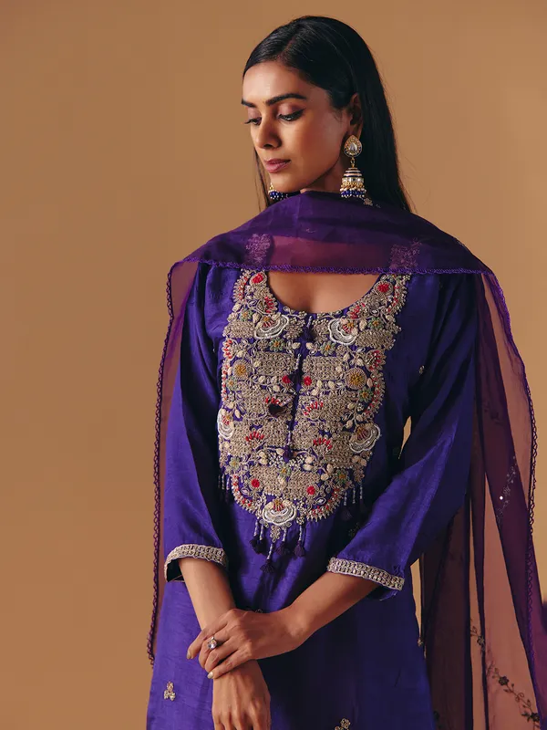 Dark purple silk zardosi palazzo suit