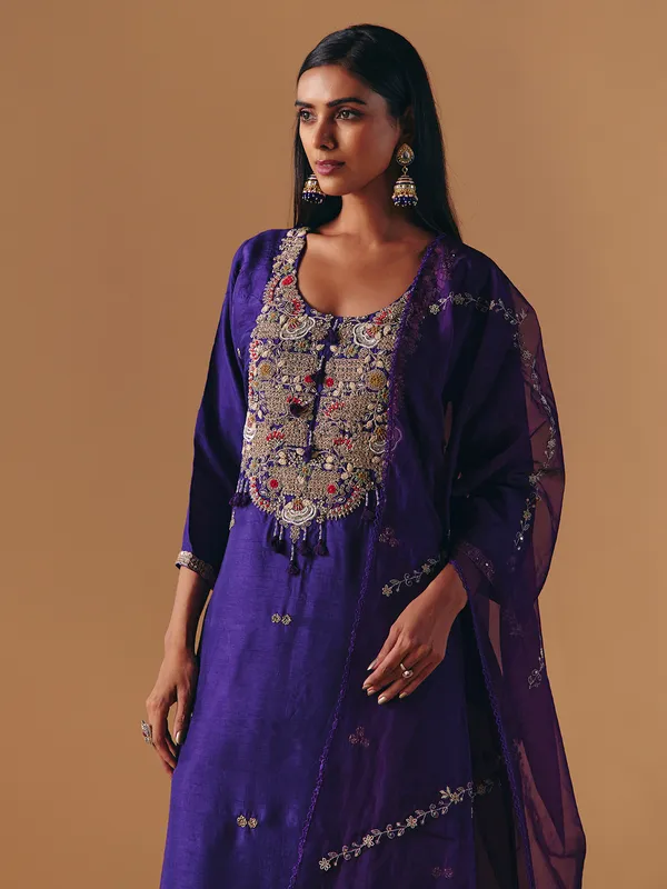Dark purple silk zardosi palazzo suit