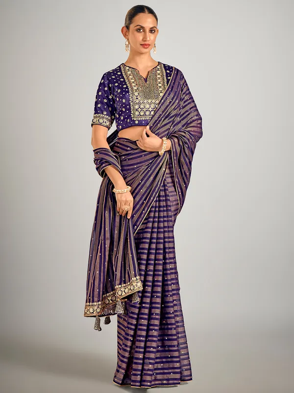 Dark purple soft organza wedding saree