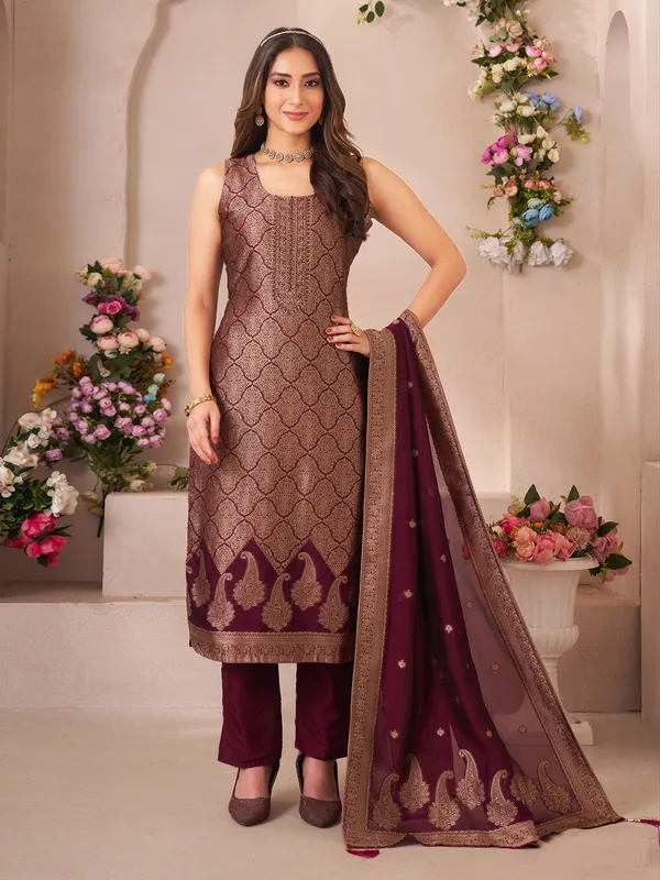 Dark purple stone work silk salwar suit