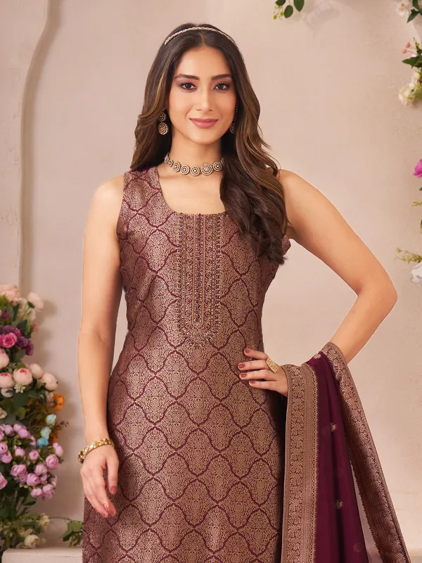 Dark purple stone work silk salwar suit