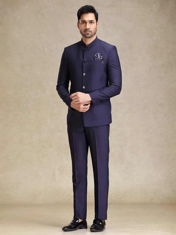 Dark purple textured bandh gala jodhpuri jacket suit