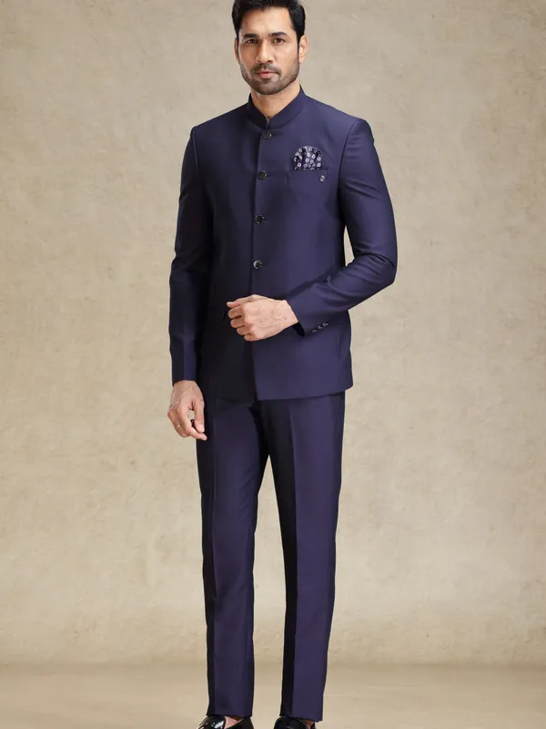 Dark purple textured bandh gala jodhpuri jacket suit