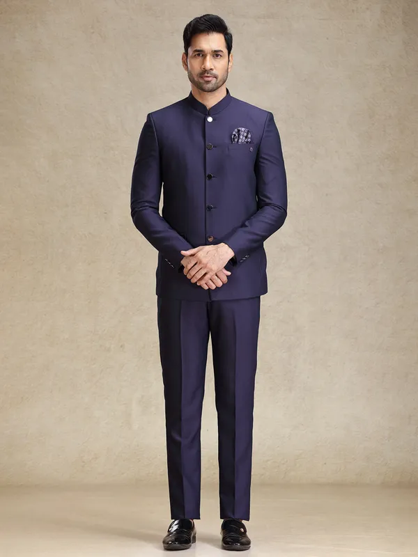 Dark purple textured bandh gala jodhpuri jacket suit