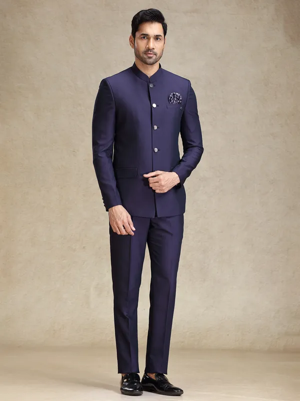 Dark purple textured bandh gala jodhpuri jacket suit