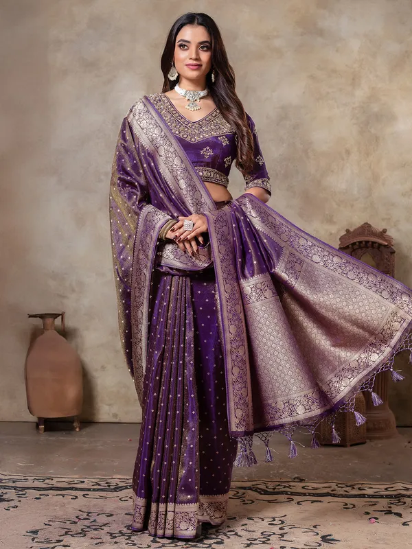 Dark purple tissue silk zari weaving saree