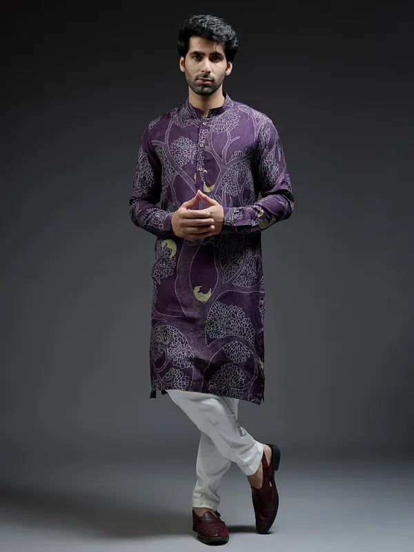 Dark purple tree printed kurta suit in silk