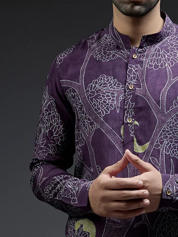 Dark purple tree printed kurta suit in silk