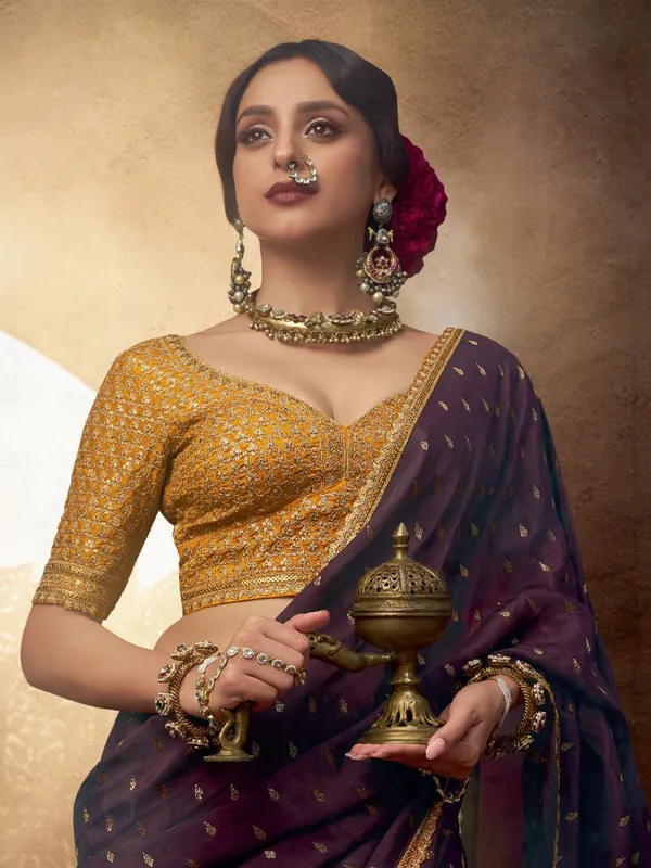Dark purple viscose crepe silk saree for wedding wear