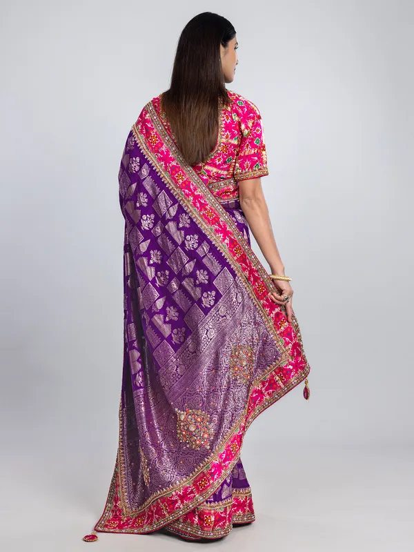 Dark purple wedding wear saree in dola silk