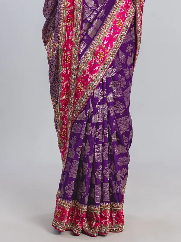 Dark purple wedding wear saree in dola silk