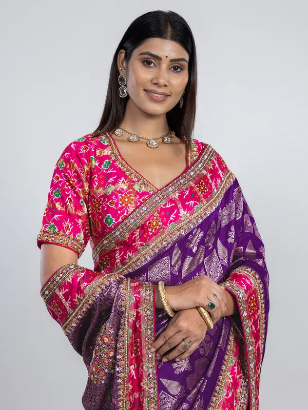Dark purple wedding wear saree in dola silk