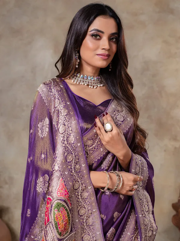 Dark purple wedding wear tissue silk saree